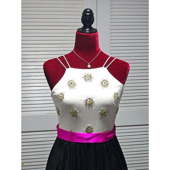 Aidan Mattox Women's Black/White Embordered Banded Waist Halter Dress Sz 0 291 - Picture 8 of 13